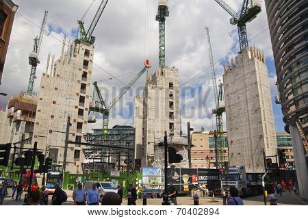 LONDON, UK - JUNE 30, 2014: New building site with cranes in Bank of England aria