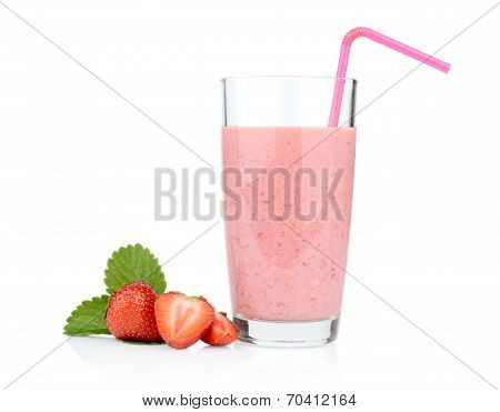 Several Sliced Strawberries With Leaf,juice And Straw Isolated