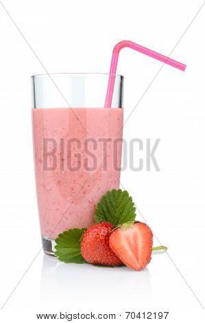Several Sliced Strawberries With Leaf,juice And Straw Isolated