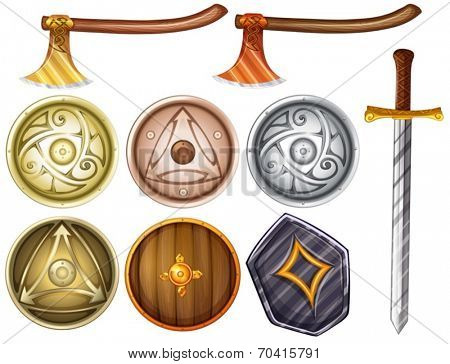 Illustration of shields and weapons