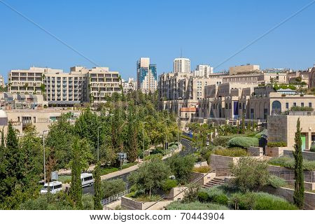 Street and modern buildings at Mamilla neighborhood in Jerusalem, Israel.