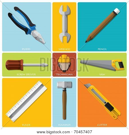 Technician And Equipment Tools Flat Icon Set
