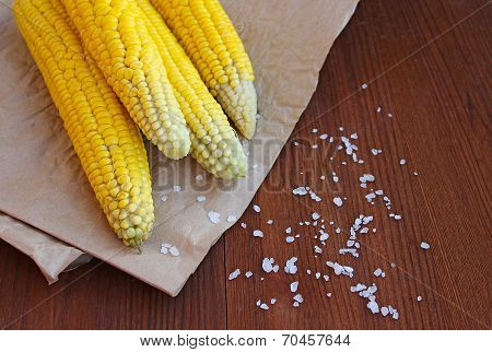 Boiled Corn With Sea Salt On The Parchment
