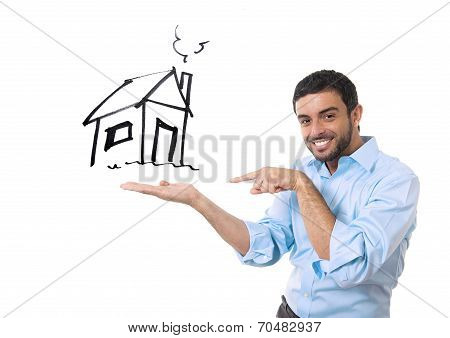 Happy Attractive Man Presenting House Sketch In New Property Buying Concept