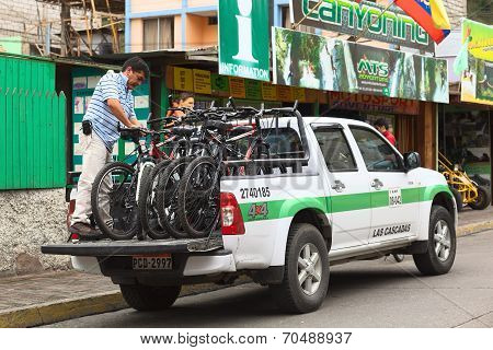 Bikes on Pickup Truck in Banos, Ecuador