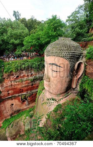 arge buddha statue in Leshan, Sichuan, China (it is carved out of mountain and 71 meter tall)