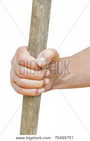 Peasant Hand Holds Old Wooden Cudgel