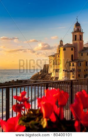 Sunset, Flowers And Church On The Sea