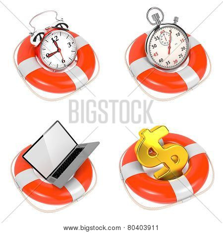 Alarmclock in Lifebuoy on White Background.