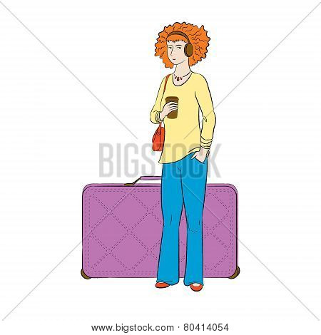 Girl with luggage waits for the departure