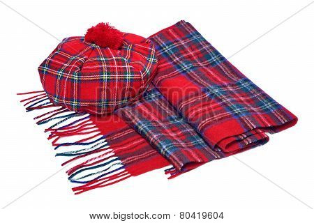 Traditional Scottish Red Tartan Bonnet And Scarf