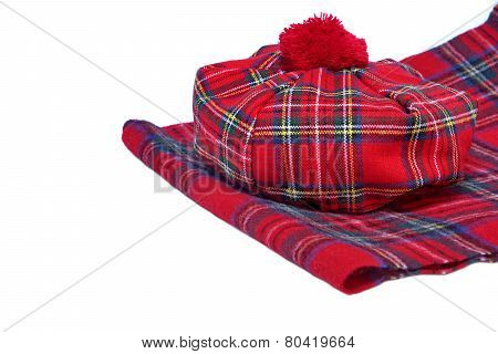 Traditional Scottish Red Tartan Bonnet And Scarf