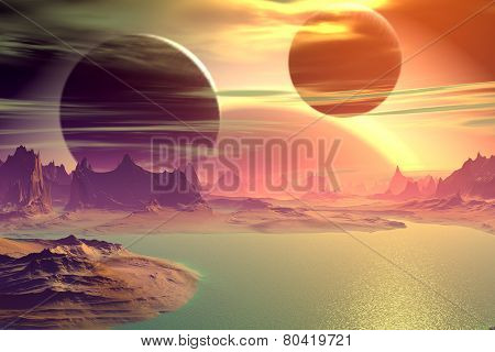 3D Rendered Fantasy Alien Planet. Rocks And Lake