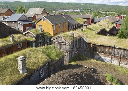 View to the traditional houses of the copper mines town of Roros Norway.