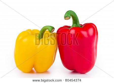 Red and yellow peppers with tails.