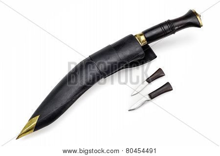 Kukri Knife Diagonal With Wooden Scabbard Isolated