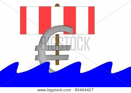 Euro Symbol with sail swimming into water with waves