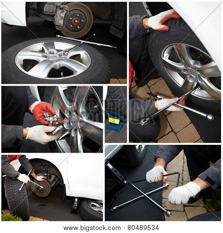 Car Mechanic Changing Tire