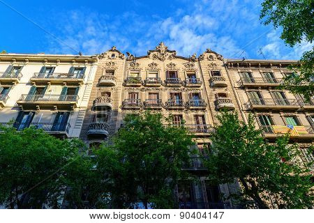 Facade of typical residential building in  Eixample district, Barcelona, Spain