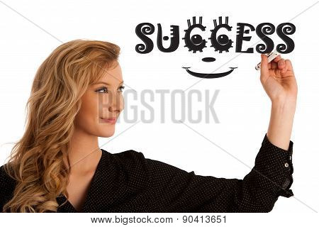 Beautiful Young Caucasian Woamn Wtirring In A Glass Isolated Over White