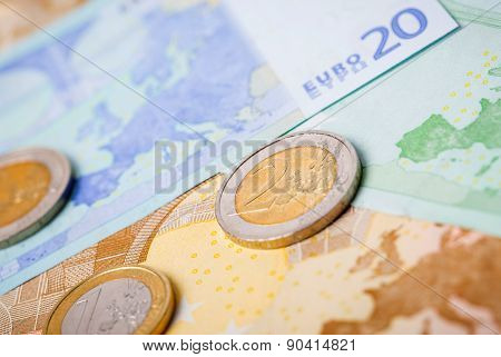 Closeup Of Euro Banknotes And Coins
