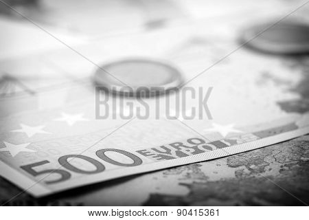 Closeup Of Euro Banknotes And Coins