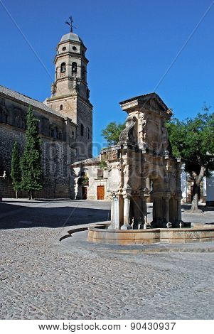 Cathedral and fountain, Baeza.