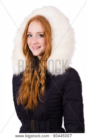 Pretty girl in warm clothes isolated on white