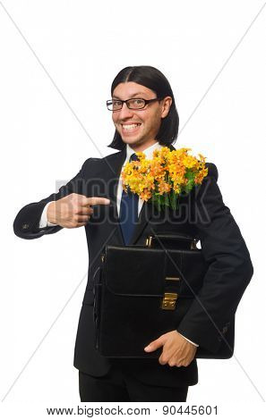 Handsome businessman with flower and brief case isolated on white