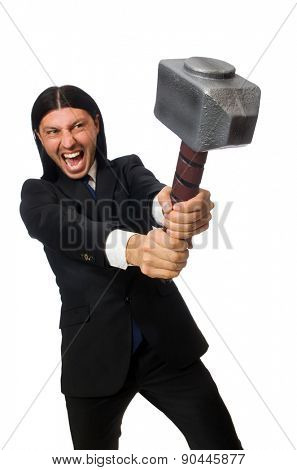 Handsome businessman holding hammer isolated on white