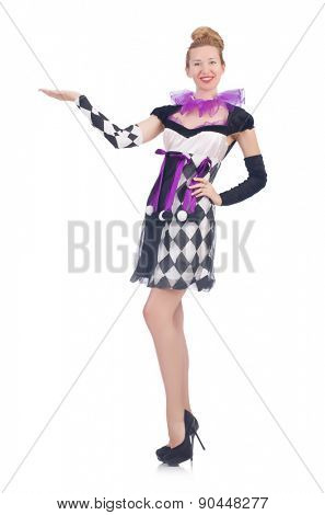 A girl in harlequin costume isolated on white