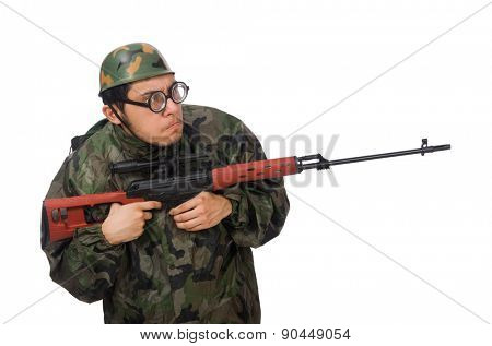 Military man with a gun isolated on white