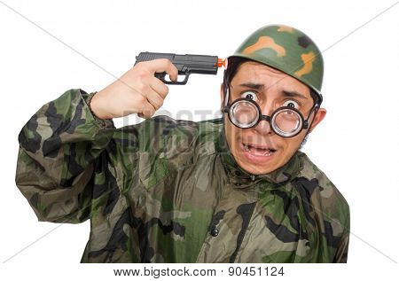Military man with a gun isolated on white