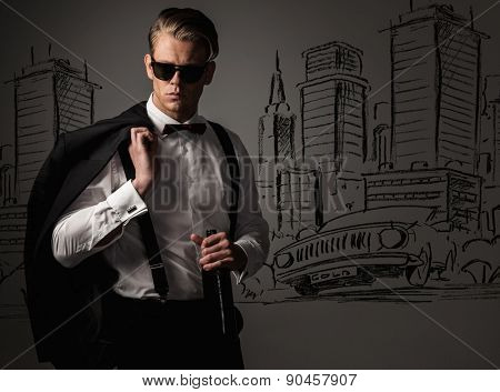 Sharp dressed with bottle of wine against city view drawing 