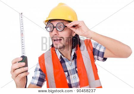 Funny constructon worker with tape-line isolated on white