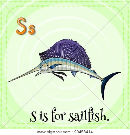 Flashcard letter S is for sailfish with green background