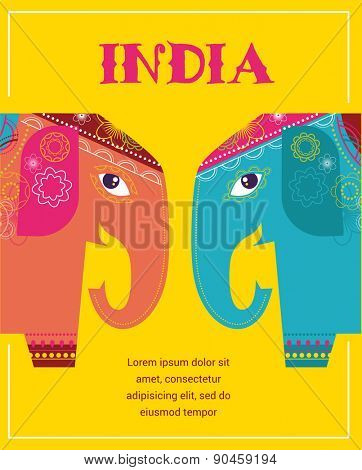 India - background with patterned colorful elephants