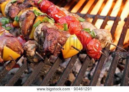 Mixed Meat And Vegetables Kebabs On Charcoal Barbeque Grill