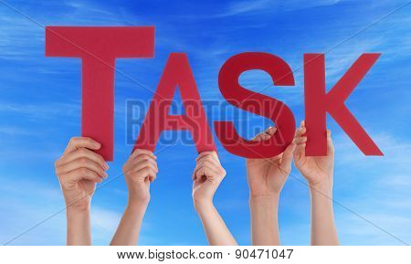 People Hands Hold Red Straight Word Task Blue Sky