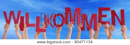 Hand Hold German Willkommen Means Welcome Blue Sky