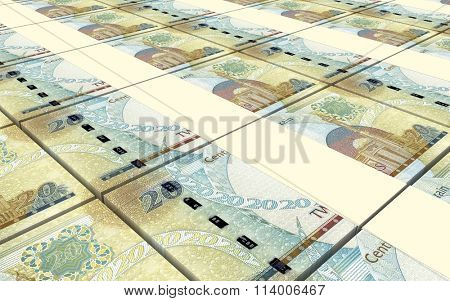 Bahraini dinar bills stacks background. Computer generated 3D photo rendering.