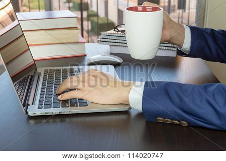 Man Working In Office, Computer And Coffee