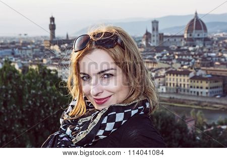 Beautiful Tourist Woman With View Of The City Florence From Piazzale Michelangelo, Italy