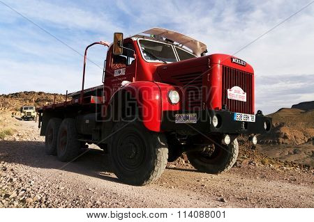 ATLAS MOUNTAINS, MOROCCO, OCTOBER 21 2015: Classic trucks traversing Atlas Mountains, Morocco, Africa