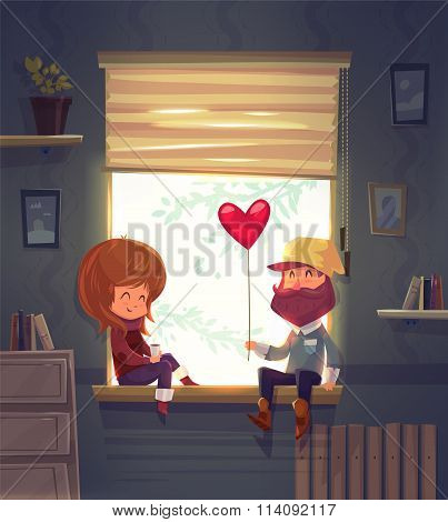 Two lovers sitting on the windowsill in an apartment. Vector cute illustration.