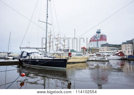 Boats with christmas decoration in harbor Gothenbur, Sweden