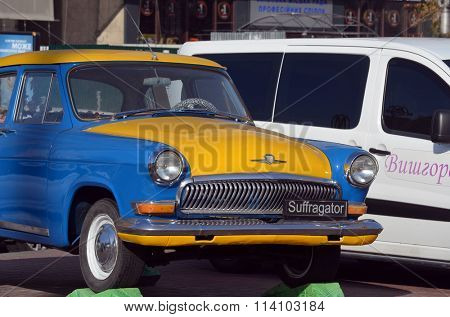 KIEV , UKRAINE - NOV 1, 2015. Exterior of the vintage Soviet car GAZ-21 Volga with folk stile tuning on November 1, 2015 in Kiev, Ukraine