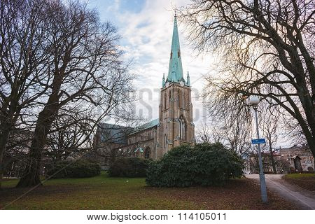 Church in Gothenburg and beautiful park. Winter sunny day, Sweden