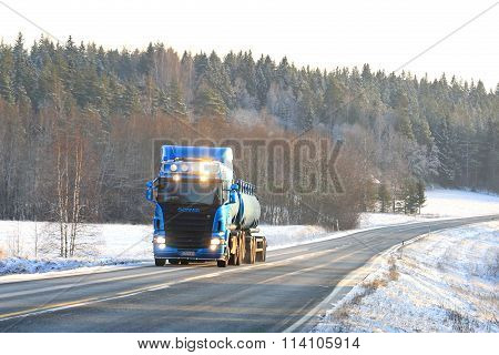 Blue Scania R500 Tank Truck On The Road In Winter