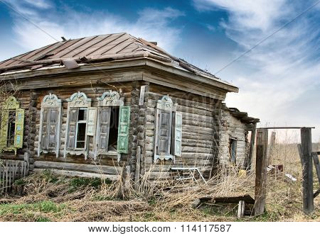 Abandoned Wooden House in Old Russian Village in Siberia